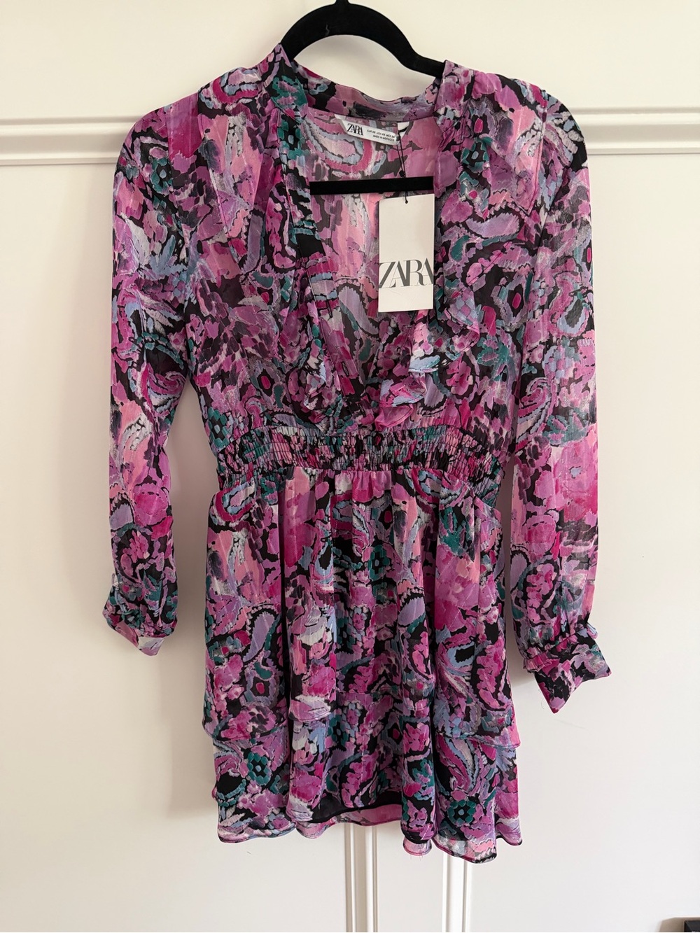 New Zara Purple and Pink Floral V-Neck Ruffle Dress